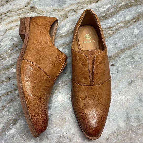 Isola Maria Slip-On Tan Leather Block Heel Oxfords - Picture 1 of 13
